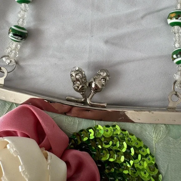 Vintage Beaded Floral Satin Purse – Mint Green Sequin Clutch Embellished - Picture 10 of 10